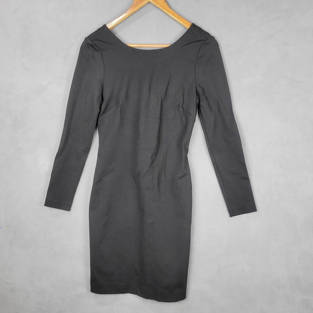 Banana Republic Dress Womens 2 Black Long Sleeve Ponte Sheath V Back Gold Zip - Picture 1 of 9